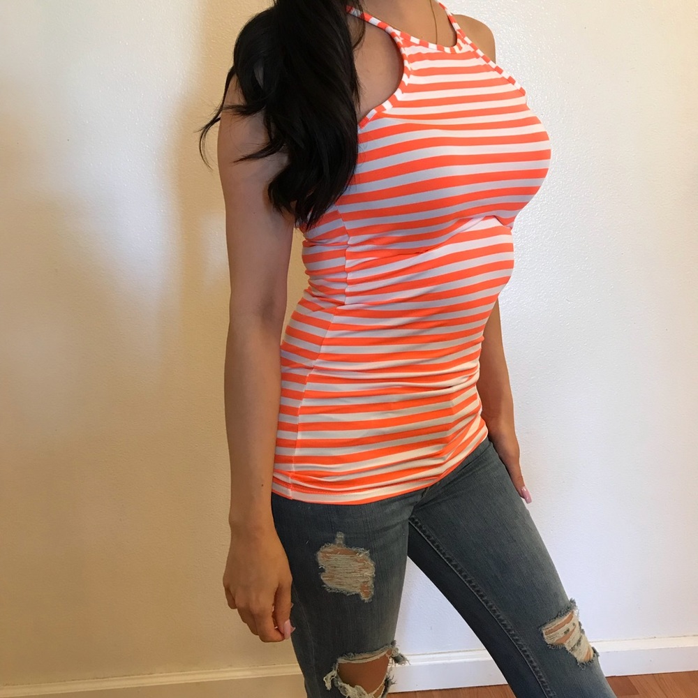 Neon Orange Striped High Neck Top - Picture 7 of 8